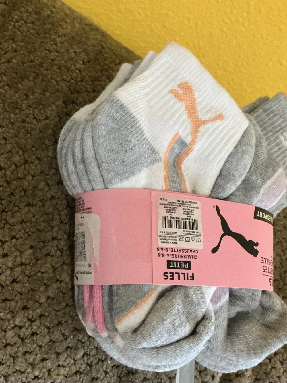 Puma Girls' Crew Socks – Gray & White with Pink and Peach Logos nwt small